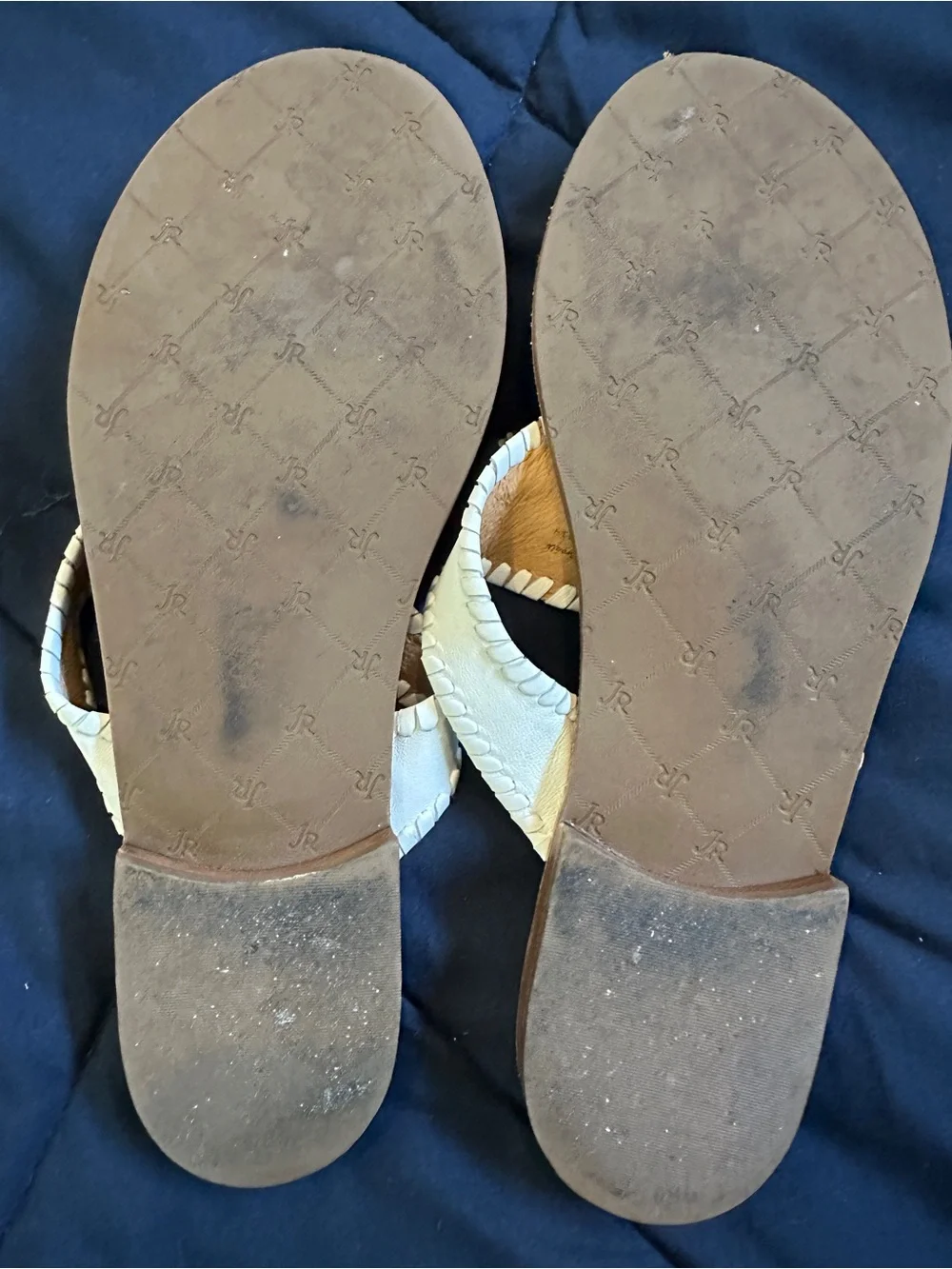 Jack Rogers White Leather Tassel Thong Sandals with Tan Footbed